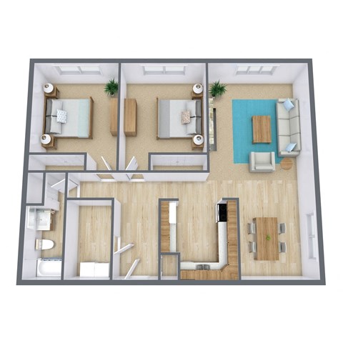 a 3d floor plan of a bedroom with a living room